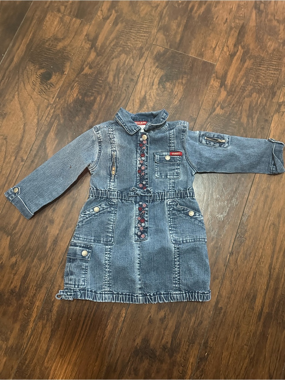 Vintage Guess dress Girls' Blue Denim Jacket Dress with Floral Trim